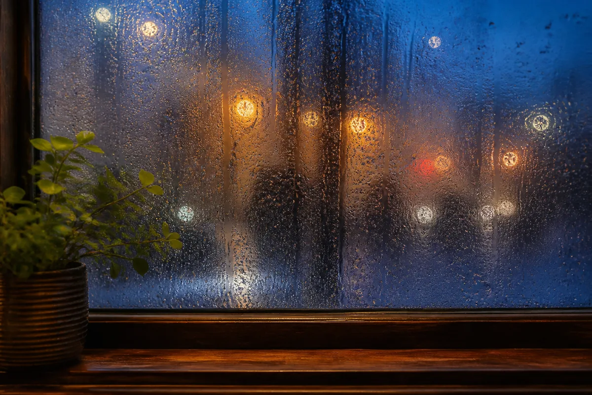 Vitre embuée d&rsquo;un café parisien en fin d&rsquo;après-midi d&rsquo;hiver, rue humide floue derrière