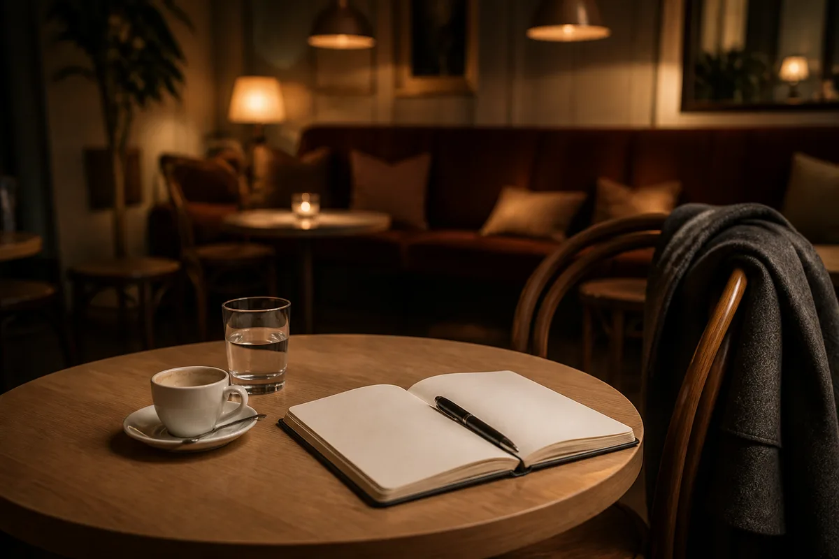 Tasse de café posée sur une table en bois, carnet ouvert et manteau sur le dossier d&rsquo;une chaise