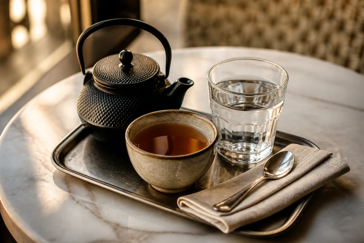 Théière et grand verre d&rsquo;eau servis sur une table de bistrot, lumière basse de fin de journée