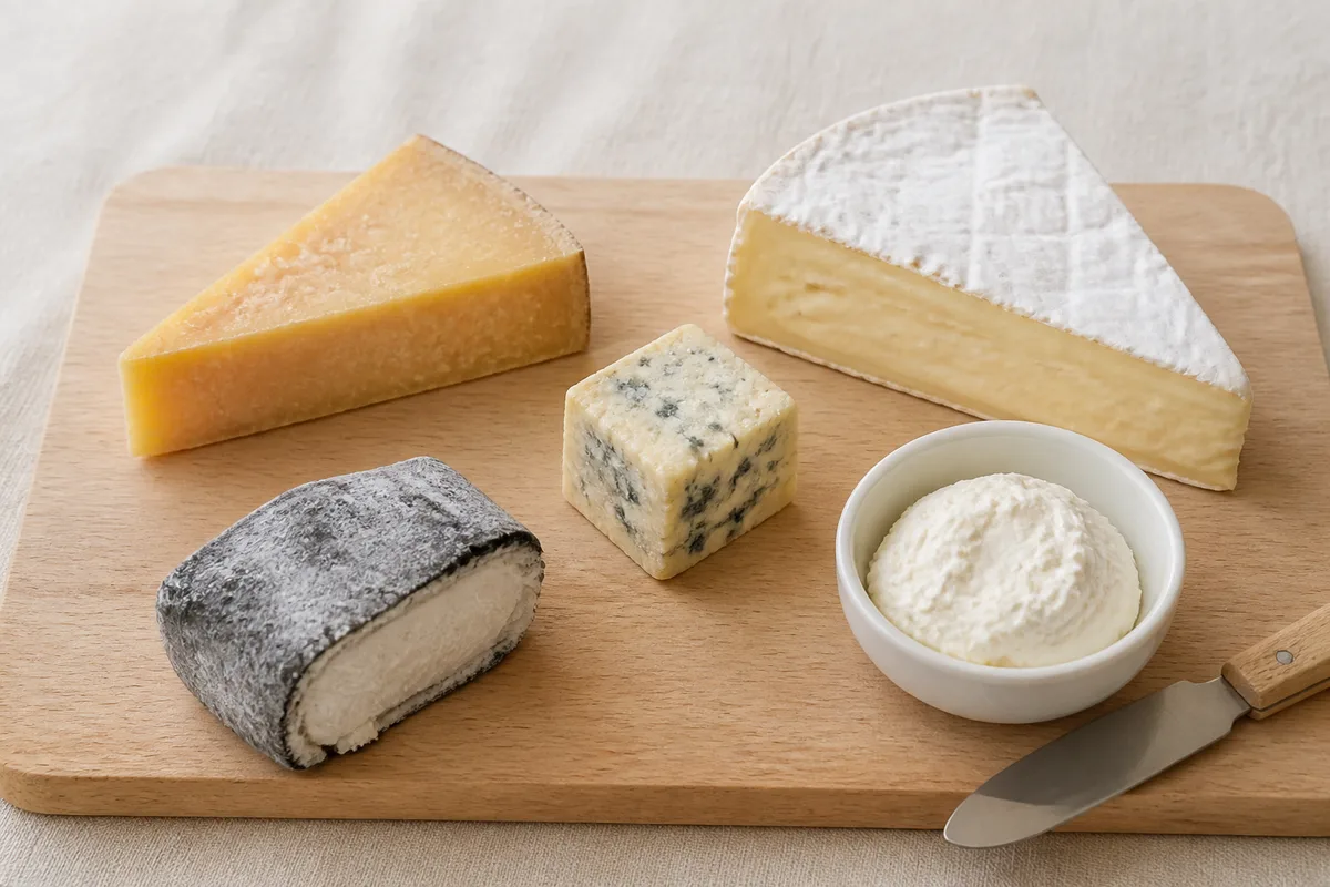 Plateau de fromages variés présenté sur une planche en bois clair, lumière naturelle douce