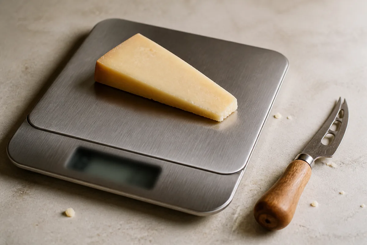 Part de fromage de trente grammes posée sur une balance de cuisine à côté d’un couteau