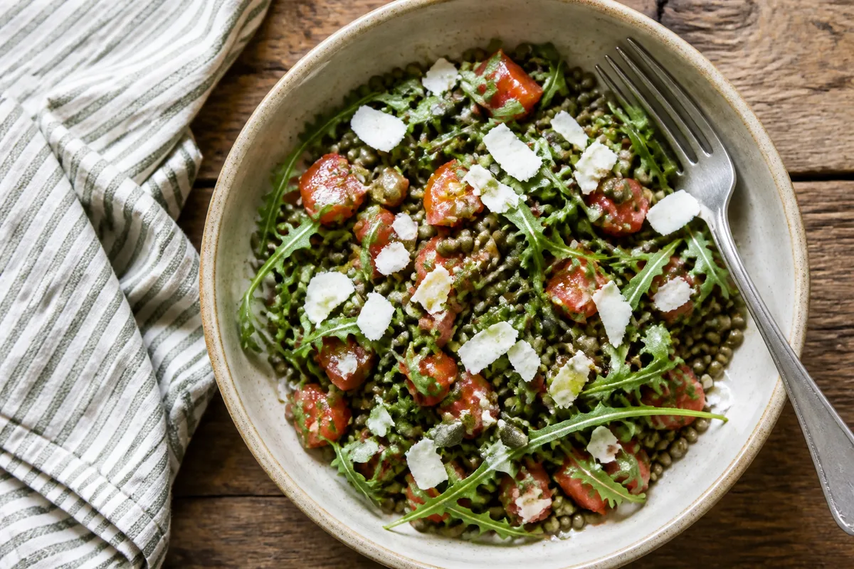 Assiette composée de salade verte, lentilles et copeaux de fromage sur une table claire